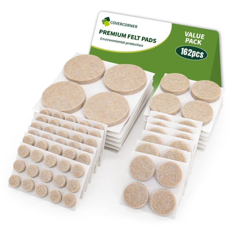 COVERCORNER Felt Furniture Pads for Hardwood Floors 162 PCS, Furniture Pads, Floor Protectors for Hardwood Floors, Felt Pads for Furniture, Round, Beige, Value Pack - Image 1